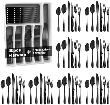 49Pcs Silverware Set with Organizer, Silver Stainless Steel Flatware Set for 8 Cutlery Utensil Sets with Steak Knives, Spoons and Forks Set, Dishwasher Safe - Image 3