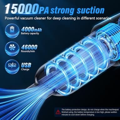 IHE Car Vacuum Cleaner, 15000Pa Handheld Cordless Rechargeable Wet & Dry Vacuum, 120W High Power for Car, Pet, Home, Office Cleaning, Washable HEPA Filter, Multi-Nozzles 01 - Image 2