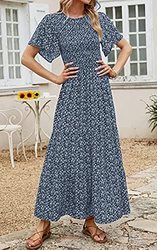 PRETTYGARDEN Women's Summer Casual Flutter Short Sleeve Boho Floral Maxi Dress Crew Neck Smocked Tiered Long Dresses (Navy,Large) - Image 5