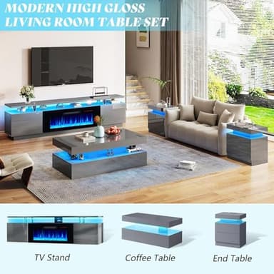 AMERLIFE Fireplace TV Stand with 40" Fireplace, 80" Modern High Gloss Fireplace Entertainment Center LED Lights, 2 Tier TV Console Cabinet for TVs Up to 90", Grey - Image 7
