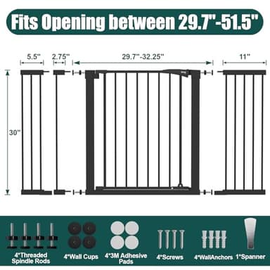 keny 29.7"-51.5" Extra Wide Baby Gate for Stairs, Easy Walk Thru Dog Gate with 21.1" Large Opening Door, Pressured Mounted No Drilling Pet Gate, 30" Tall, Black - Image 5