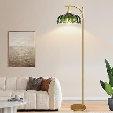 Gold Floor Lamps for Living Room,Glass Floor Lamp with Remote Control & Green Lampshade,Arc Flower Floor Lamp Dimmable Mid Century Modern Standing Lamp Vintage Brass Tall Lamp For Bedroom Corner - Image 3
