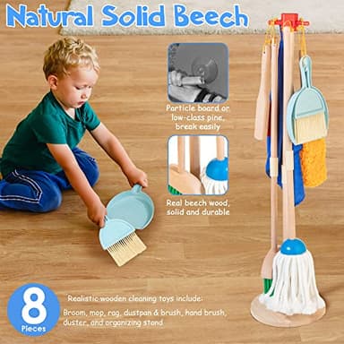 WOODMAM Wooden Kids Cleaning Set for Toddlers,8 Pieces Montessori Cleaning Toys with Kids Broom and Mop Set, Housework Pretend Play Toy Gift for Boys Girls Ages 3+ - Image 3