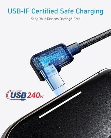 Anker USB C to USB C Right Angle Cable, 240W 90 Degree Type-C Braided Charging Cord for iPhone 17 Series and More (2Pack 6FT Black) - Image 6