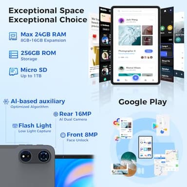Android 15 Tablets 12 inch, 24GB(8+16)RAM+256 Storage(Expand to 1TB), Android Tablet with Keyboard, Octa-Core, 2K 2000x1200 Display, 16MP Dual Camera, 8000mAh, 5G WiFi,GPS,Bluetooth 5.0(Black Case) - Image 4