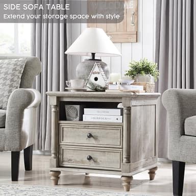 T4TREAM 24'' Farmhouse End Table w/4 Solid Wood Feet, Large 2 Drawers Wide Sofa Side Table with Charging Station, Tall Rustic Wood Square Nightstand for Living Room, Bedroom, Office, Light Rustic Oak - Image 5