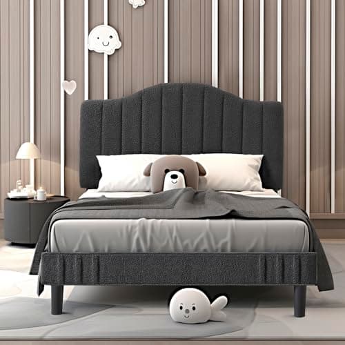 VECELO Twin Bed Frame, Upholstered Platform Bed with Sheepskin Fabric Adjustable Headboard/Strong Wood Slats Supports/7.9'' Under Bed Storage Space/Noise Free/No Box Spring Needed, Dark Grey - Image 1