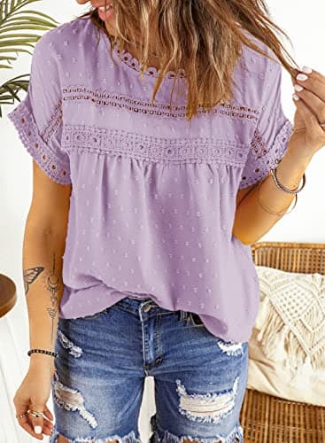Dokotoo Women's Summer Lace Crochet Round Neck Pom Pom Short Sleeve Flowy Chiffon Babydoll Tunic Top - Purple, L - Image 5