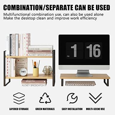 YGYQZ Wood Office Desk Shelf Organizer - Desktop Supplies Cute Dresser Top Organization Storage Rack and Cubicle Decor Aesthetic Bookshelf for Women Man and Kids (Black-Two Tier) - Image 5