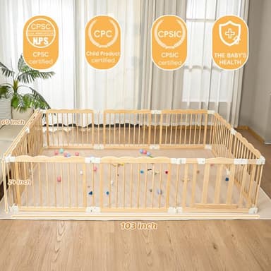 Playpen Large Foldable Play Pen for Toddlers 1-3,Easy Assemble Play Yard Wooden Baby Gates with Door,Expandable Play pens for Kids Safety Baby Playpen with Lock 67x101x24Inch(Foldable Connector) - Image 2