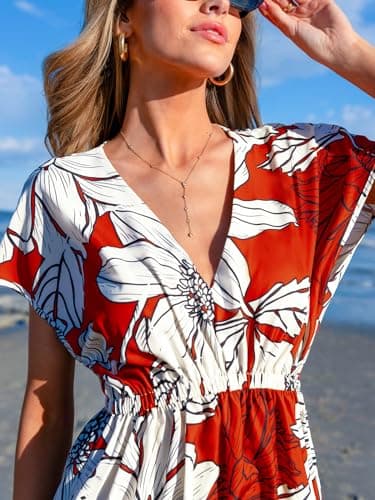 CUPSHE Women's Swimsuit Cover Up Dress Short Sleeve Beach Coverup Summer V Neck Dress White&Red Floral X-Large - Image 4