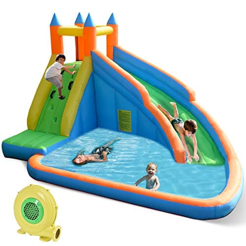 Costzon Inflatable Water Slide, Giant Bouncy Waterslide Park for Kids Backyard Outdoor Fun w/ 735w Blower, Climbing Wall, Splash Pool, 2-pcs, Blow up Water Slides Inflatables for Kids Party Gift - Image 1