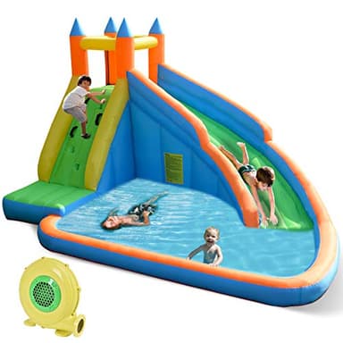 Costzon Inflatable Water Slide, Giant Bouncy Waterslide Park for Kids Backyard Outdoor Fun w/ 735w Blower, Climbing Wall, Splash Pool, 2-pcs, Blow up Water Slides Inflatables for Kids Party Gift - Image 1