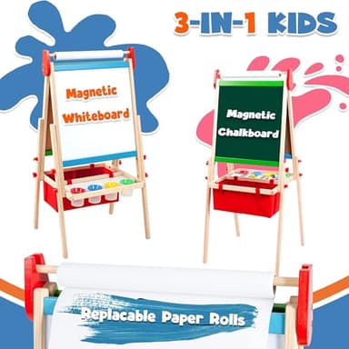 Kids Easel Including 100+ Accessories, Double Sided Wooden Easel for Kids - Magnetic Chalkboard & Painting Board & 2 Paper Rolls, Art Easel Supplies for Toddlers 3-8 Height Adjustable - Image 2