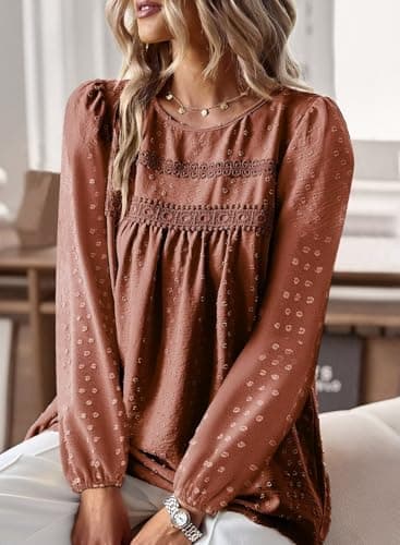 Falechay Tunic Tops to Wear with Leggings Bohemian Women's Tunic Tops Lace Crochet Orange Shirts for Women Crew Neck Long Sleeve Women's Blouses L - Image 2