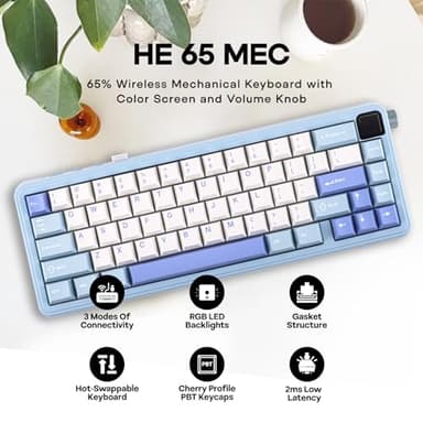 EPOMAKER HE65 MEC Wireless Mechanical Keyboard with Screen and Knob, 2ms Latency, RGB Backlight, Gasket Mount, Hot Swappable, N-Key Rollover (BlueWhite) - Image 2
