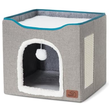 Bedsure Cat Beds for Indoor Cats - Large Cat Cave for Pet Cat House with Fluffy Ball Hanging and Scratch Pad, Foldable Cat Hideaway, 16.5x16.5x13 inches, Grey - Image 8