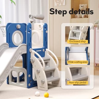 Baotree 6 in 1 Toddler Playset with Slide, Kids Slide with Basketball Hoop, Ball, Ring Toss, Indoor Outdoor Toys (White Blue) - Image 5