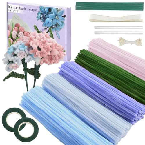 400 Pcs Pipe Cleaners Craft,5 Assorted Colors Pipe Cleaners Bulk, Chenille Stems for DIY Flower Making Kit with Floral Wires, Gardening Tape,Stamen& Ribbon (Colorful)