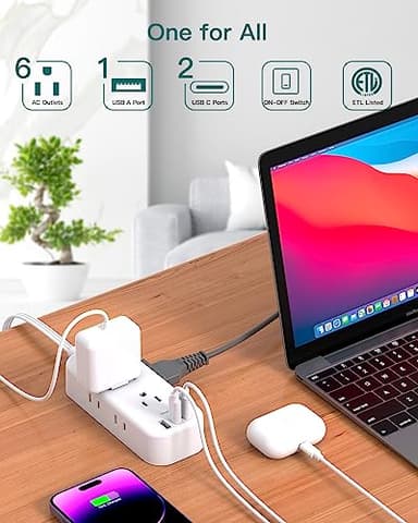 Extension Cord 15 ft - Power Strip Surge Protector, Flat Plug with 6 AC Outlet Extender 3 USB Ports (2 USB-C), 1080J, Multi Plug Outlets Desktop Charging Station for Home College Dorm Room Essentials - Image 3