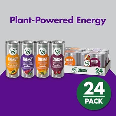 V8 +Energy Peach Mango, Orange Pineapple, Black Cherry and Pomegranate Blueberry Juice Energy Drinks, 8 fl oz Can (24 Pack) - Image 2