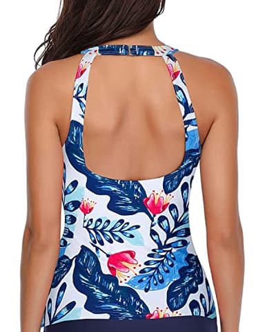Holipick High Neck Tankini Top Bathing Suit Tops for Women Tummy Control Tank Tops Swimsuits White Blue Floral M - Image 2