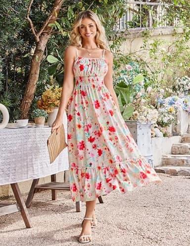 GRACE KARIN Women's 2025 Summer Casual Boho Sundress Flower Spaghetti Strap Square Neck Flowy Maxi Dresses with Pockets Red White Floral XXL - Image 4