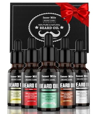 ISNER MILE Beard Oil 5 Pack, Stocking Stuffers Gifts for Men Him Dad Boyfriend, Mustaches Soften, Moisturize, Strength with Sandalwood, Bay Rum, Vanilla, Cologne, Unscented, Beard Grooming and Care - Image 1