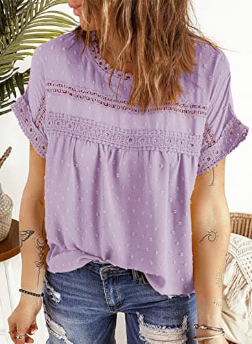 Dokotoo Women's Summer Lace Crochet Round Neck Pom Pom Short Sleeve Flowy Chiffon Babydoll Tunic Top - Purple, L - Image 3