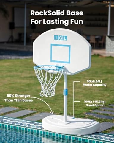 IGL Pool Basketball Hoop Poolside, Height Adjustable Swimming Basketball Hoop Outdoor for Pool, Anti-rust Stainless Steel Rim, Portable Basketball Goal System, Fillable Base, Includes 2 Balls and Pump - Image 8