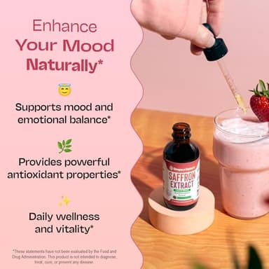 Saffron Supplements – Vegan, Fast Absorption Liquid Drops – Made with Pure Saffron Extract – Mix with Drinks Daily – Supports Eye Health, Emotional Balance & Antioxidant Level Boost (Strawberry, 60mL) - Image 4