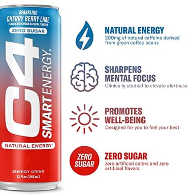 Cellucor C4 Smart Energy Drink – Boost Focus and Energy with Zero Sugar, Natural Energy, and Nootropics - 200mg Caffeine - Cherry Berry Lime (12oz Pack of 12) - Image 2
