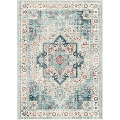 GENIMO 8x10 Area Rugs for Living Room, Machine Washable Non Slip Vintage Rugs, Low Pile Lightweight Chenille Print Rug for Bedroom, Dining Room, Home Office, Turquoise - Image 8
