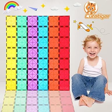 CuteTiger Magnetic Tiles, Magnet Tiles, 100 Pcs Magnetic Building Blocks No Cars, Square Building Castle, Preschool Toys, STEM Stacking Construction Montessori Toys for Kids - Image 4