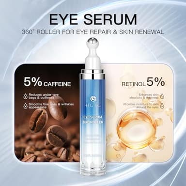 Eye Serum with 5% Caffeine & 5% Retinol for Dark Circles, Puffiness Puffy Bags & Wrinkles Fine Lines - Under Eye Cream Anti Aging Treatment with 360° Massage Roller Ball for Men & Women - Image 3