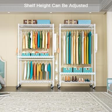 FUTASSI P1 Heavy Duty Garment Rack, 3 Tiers Adjustable Rolling Metal Closet Organizer with Lockable Wheels, FreeStanding Wardrobe with Double Hanger Rods & 1 Pair Hooks, Max Load 450 LBS, White - Image 3