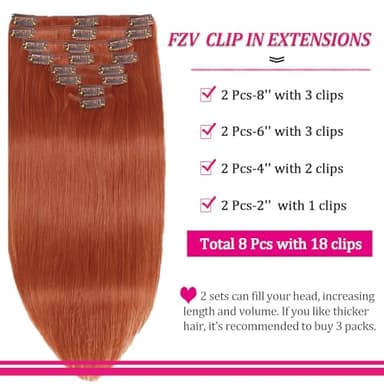 Clip in Hair Extensions Real Human Hair 110g Copper Real Hair Extensions Clip in Human Hair Clip ins 8pcs 18clips Double Weft Human Extensions for Women Hair Loss and Thinning Hair (#350 18inch) - Image 4