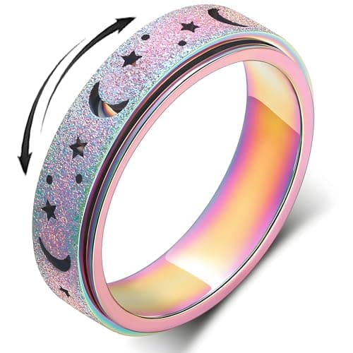 LuckyAmor Anxiety Ring for Women Spinner Rings:Rotating Rings Stainless Steel 6mm Moon Star Anxiety for Men Band Jewelry Gift for Women Size 6 7 8 9 10 - Image 1