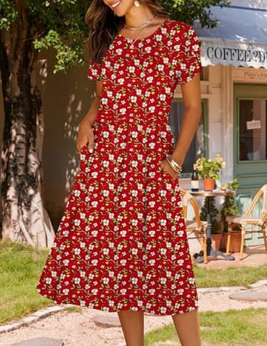 HOTOUCH Mid Length Dress for Women Ditsy Floral Dress Cotton Shirt Dress Midi Length Flowy Dress Holiday Vocation Sun Dress,XX-Large Red Flower - Image 2