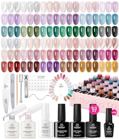 Beetles Jelly Gel Nail Polish Set, 53PCS 36 Colors Jelly Pink Milky White Red Black Blue Green Silver Cat Eye Base Glitter Glossy Matte Top Coat Crystal Ice Collection French Nails Gift for Women - Image 1