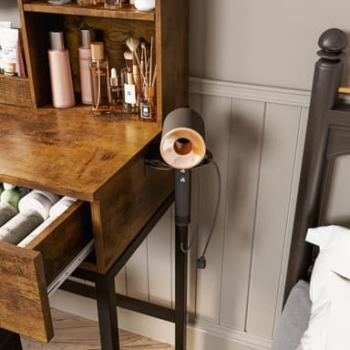 Makeup Vanity Desk with Round Mirror and Lights, White Vanity Makeup Table with 2 Drawers, Small Vanity Table for Bedroom with Lots Storage (Brown and Black, 15.75 * 31.5 * 53.6in) - Image 4