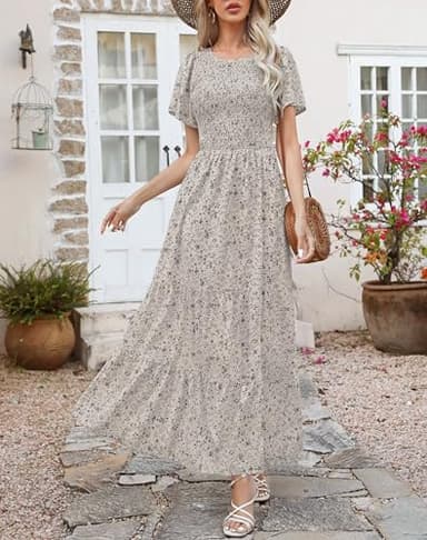 Kranda Summer Dresses for Women 2025 Crew Neck Flutter Short Sleeve Tiered Ruffle Smocked Floral Vacation Beach Maxi Dress Beige M - Image 3