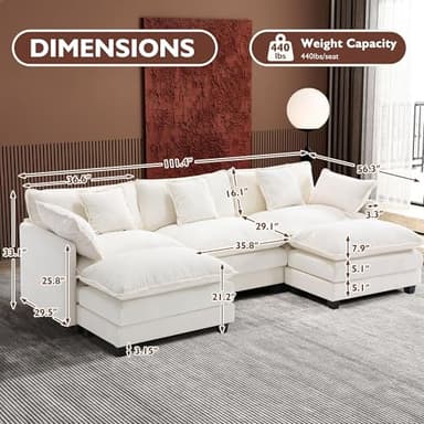Ihanherry 111.4" U Shaped Cloud Couch Modern Modular Sectional Sofa with 2 Ottoman, 5-Seat Chenille Deep Seat Sofa with 5 Pillows for Living Room, Bedroom and Apartment, Beige - Image 6