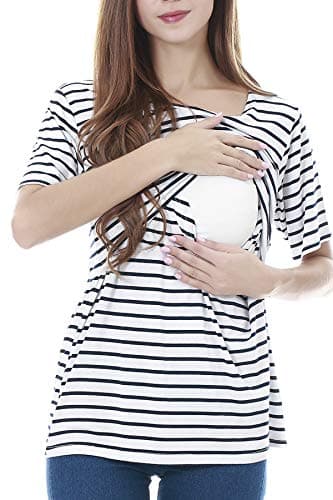 Smallshow 3 Pcs Maternity Nursing T-Shirt Nursing Tops White Stripe-Black-Grey X-Large - Image 3