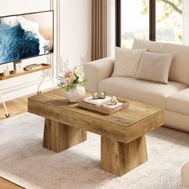 LITTLE TREE Farmhouse Coffee Table, 47 Inches Wooden Rectangular Accent Center Tables with Thick Base, Modern Low Cocktail Tea Furniture for Living Room (Rustic Brown) - Image 3