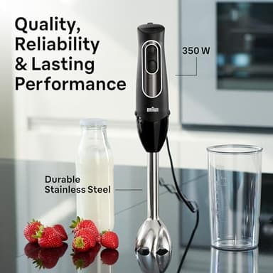 Braun MultiQuick 5 Immersion Hand Blender with Dual Speed + Turbo and Patented Technology, 350W - Includes Beaker and Whisk, Black, MQ505 - Image 6