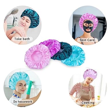 Shower Caps for Women, 4 PCS Elastic and Reusable Bath Caps, Double Waterproof Layers Shower Cap, Bathing Shower Caps, Environmental Protection Hair Bath Hat - Solid Color - Image 5
