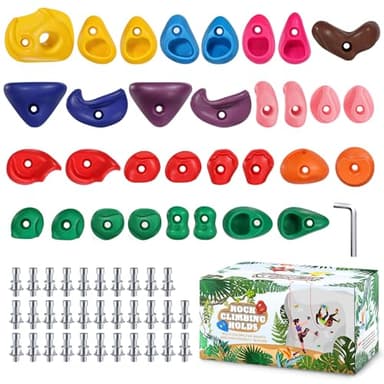 TOPNEW 32 Rock Climbing Holds Multi Size for Kids, Adult Rock Wall Holds Climbing Rock Wall Grips for Indoor and Outdoor Playground Play Set - Includes 2 Inch Mounting Hardware - Image 1