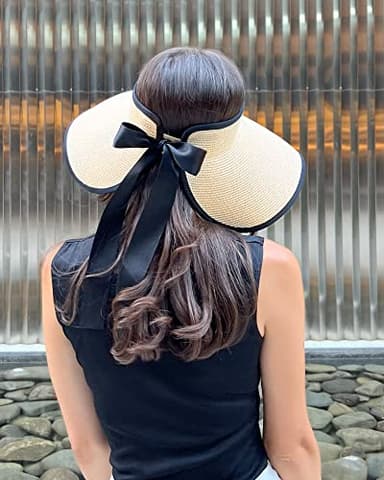 Camptrace Sun Visors for Women Wide Brim Beach Hat Foldable Straw Visor Hat Ponytail Summer Packable UPF 50+ Beige - Image 9