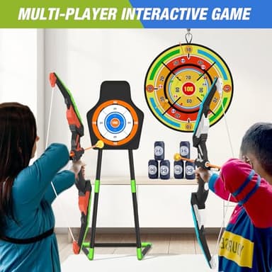 HYES 2 Pack Kids Bow and Arrow with 29" Large Dart Board, LED Light Up Archery Set with 24 Suction Cup Arrows, Indoor Outdoor Sport Toys Gifts for 3 4 5 6 7 8 9 10 11 12 Year Old Boys Girls - Image 4
